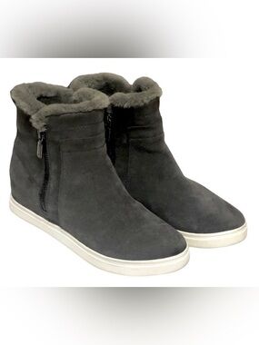 Blondo Glade Dark Grey Suede Leather Waterproof Faux Fur Trim Zip Sneaker sz 7.5